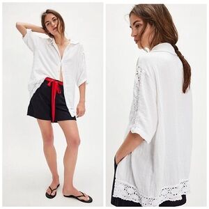 Free People CP Shades Lace White Shirt Gauze Cotton Large‎